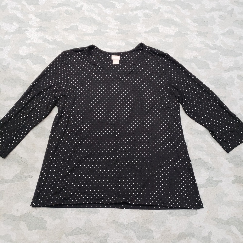 Chico's Top Womens Large Black Pullover V-Neck 3/4 Sleeve Polka Dot